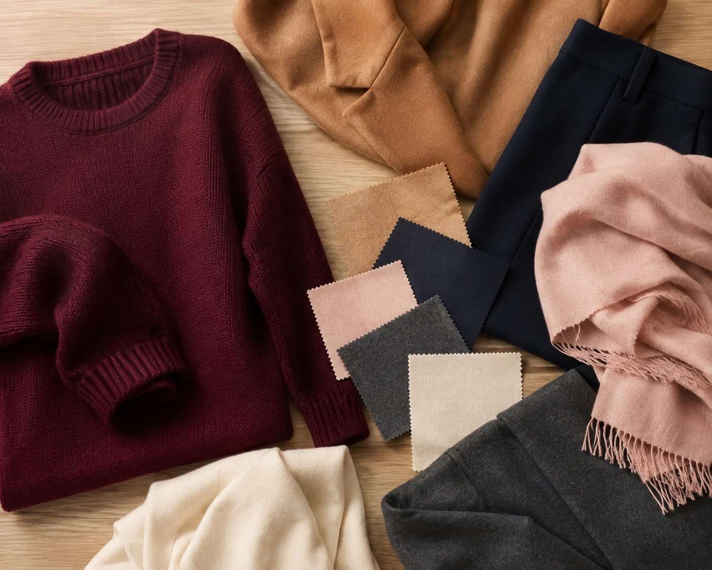 Tejidos burdeos combinados con camel, marino, rosa, gris y marfil.